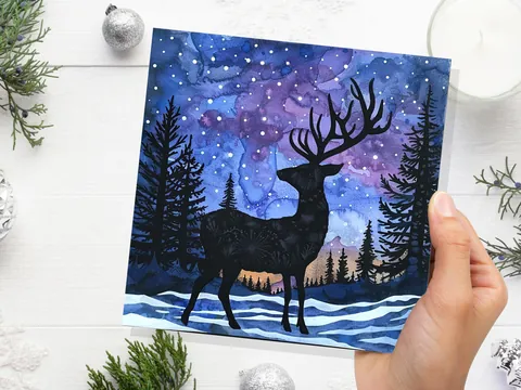 Christmas Card Reindeer Silhouette Winter Night Sky Pine Forest Snow Scene Blue Purple Starry Night Watercolour Art Holiday Greeting 2026 - View 2