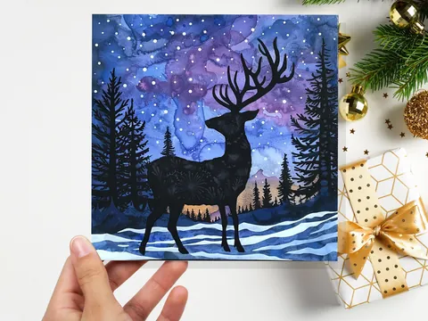 Christmas Card Reindeer Silhouette Winter Night Sky Pine Forest Snow Scene Blue Purple Starry Night Watercolour Art Holiday Greeting 2026 - View 7