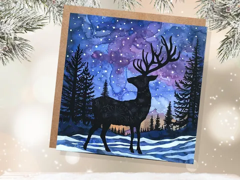 Christmas Card Reindeer Silhouette Winter Night Sky Pine Forest Snow Scene Blue Purple Starry Night Watercolour Art Holiday Greeting 2026 - View 3