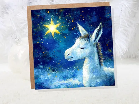 Christmas Card Donkey with North Star of Bethlehem Blue White Gold Starry Night Sky Nativity Unique Festive Greetings for Donkey Lovers 2026 - View 4
