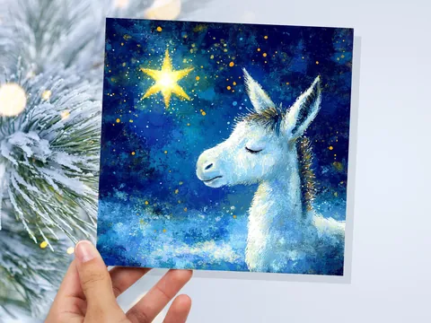 Christmas Card Donkey with North Star of Bethlehem Blue White Gold Starry Night Sky Nativity Unique Festive Greetings for Donkey Lovers 2026