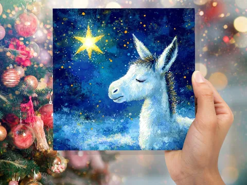 Christmas Card Donkey with North Star of Bethlehem Blue White Gold Starry Night Sky Nativity Unique Festive Greetings for Donkey Lovers 2026 - View 7