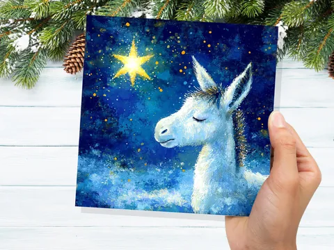 Christmas Card Donkey with North Star of Bethlehem Blue White Gold Starry Night Sky Nativity Unique Festive Greetings for Donkey Lovers 2026 - View 8