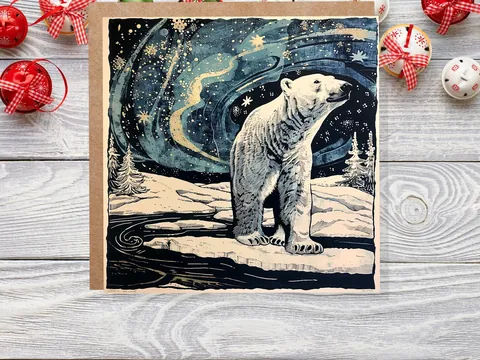 Polar Bear Northern Lights Christmas Card Unique Magical Night Sky Vintage Blue White Whimsical Winter Scene For Family Friends Xmas 2026 - View 2