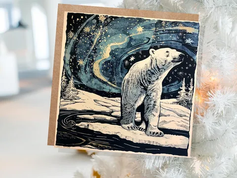 Polar Bear Northern Lights Christmas Card Unique Magical Night Sky Vintage Blue White Whimsical Winter Scene For Family Friends Xmas 2026 - View 4