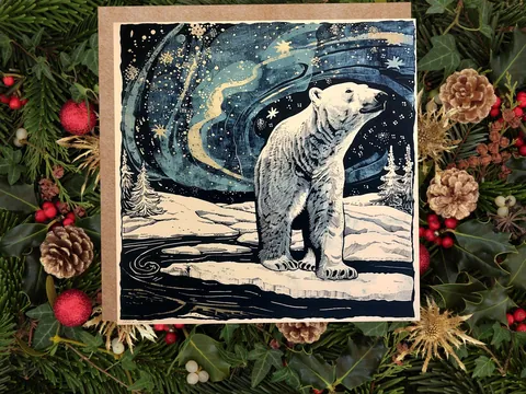 Polar Bear Northern Lights Christmas Card Unique Magical Night Sky Vintage Blue White Whimsical Winter Scene For Family Friends Xmas 2026 - View 7