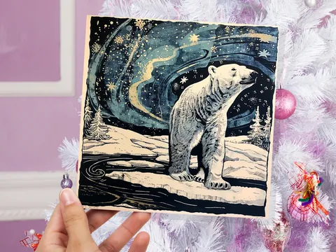 Polar Bear Northern Lights Christmas Card Unique Magical Night Sky Vintage Blue White Whimsical Winter Scene For Family Friends Xmas 2026