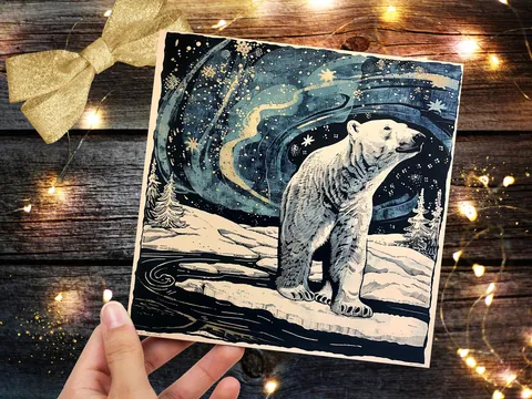 Polar Bear Northern Lights Christmas Card Unique Magical Night Sky Vintage Blue White Whimsical Winter Scene For Family Friends Xmas 2026 - View 3