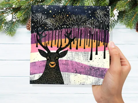 Scandinavian Linocut Deer Christmas Card - View 3