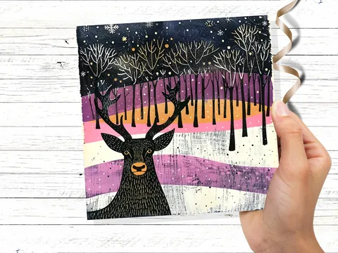 Scandinavian Linocut Deer Christmas Card