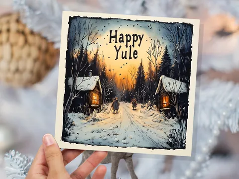 Happy Yule Pagan Card – Snowy Cabin Village - View 6