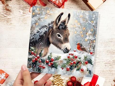 Christmas Card with Donkey and Robin Snow Scene Holly Berries Fairy Lights Festive Winter Landscape Xmas Greetings for Family Friends 2026