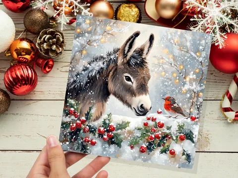 Christmas Card with Donkey and Robin Snow Scene Holly Berries Fairy Lights Festive Winter Landscape Xmas Greetings for Family Friends 2026 - View 6
