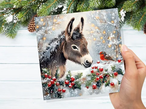 Christmas Card with Donkey and Robin Snow Scene Holly Berries Fairy Lights Festive Winter Landscape Xmas Greetings for Family Friends 2026 - View 9