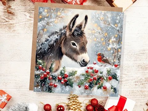 Christmas Card with Donkey and Robin Snow Scene Holly Berries Fairy Lights Festive Winter Landscape Xmas Greetings for Family Friends 2026 - View 3