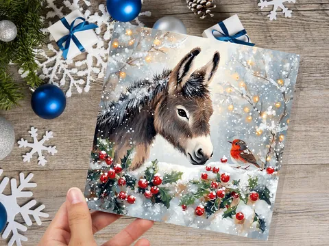 Christmas Card with Donkey and Robin Snow Scene Holly Berries Fairy Lights Festive Winter Landscape Xmas Greetings for Family Friends 2026 - View 7