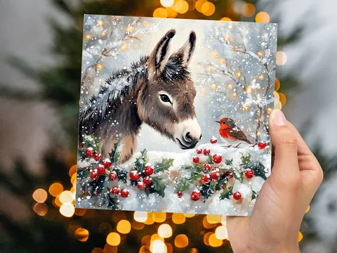 Christmas Card with Donkey and Robin Snow Scene Holly Berries Fairy Lights Festive Winter Landscape Xmas Greetings for Family Friends 2026 - View 2