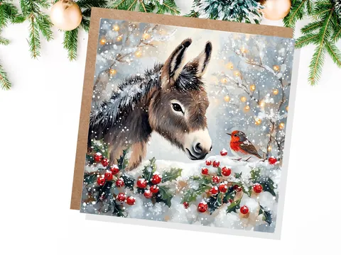 Christmas Card with Donkey and Robin Snow Scene Holly Berries Fairy Lights Festive Winter Landscape Xmas Greetings for Family Friends 2026 - View 4