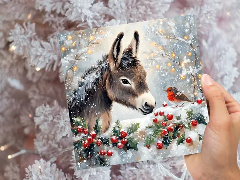 Christmas Card with Donkey and Robin Snow Scene Holly Berries Fairy Lights Festive Winter Landscape Xmas Greetings for Family Friends 2026 - View 8