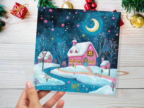 Snowy Village Christmas Card Pink and Blue With Icy River Crescent Moon Magical Winter Starry Night Sky Scene for Family Friends New 2026 - View 6