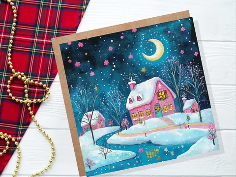 Snowy Village Christmas Card Pink and Blue With Icy River Crescent Moon Magical Winter Starry Night Sky Scene for Family Friends New 2026 - View 2