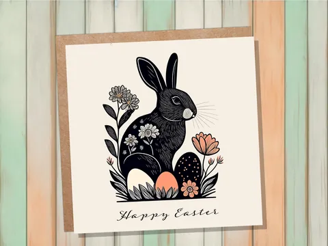 Linocut Easter Card – Black Rabbit - View 2