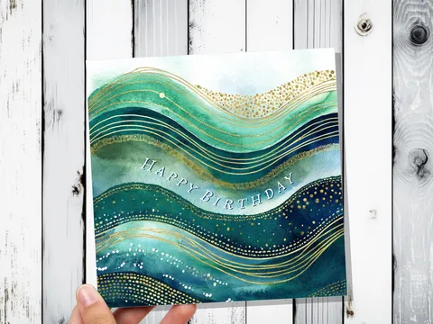 Ocean Birthday Card Luxury Watercolour Gold and Teal Waves Abstract Under the Sea Themed Design Eco Friendly Swimming Beach New for 2026