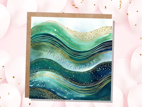 Ocean Birthday Card Luxury Watercolour Gold and Teal Waves Abstract Under the Sea Themed Design Eco Friendly Swimming Beach New for 2026 - View 2