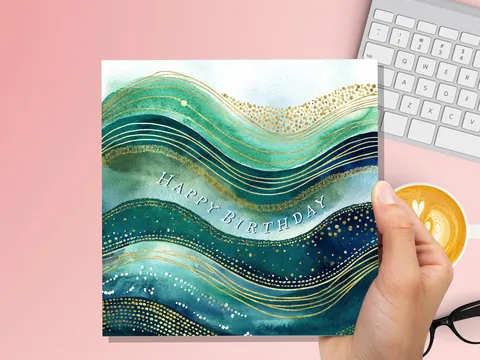Ocean Birthday Card Luxury Watercolour Gold and Teal Waves Abstract Under the Sea Themed Design Eco Friendly Swimming Beach New for 2026 - View 6