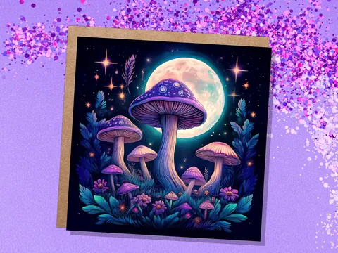 Whimsigoth Mushroom Card Psychedelic Purple Neon Moon with Mystical Fungi Art Fairycore Night Sky Scene Magical Moonlit Toadstools & Stars - View 2