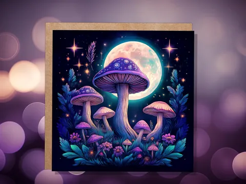 Whimsigoth Mushroom Card Psychedelic Purple Neon Moon with Mystical Fungi Art Fairycore Night Sky Scene Magical Moonlit Toadstools & Stars - View 3