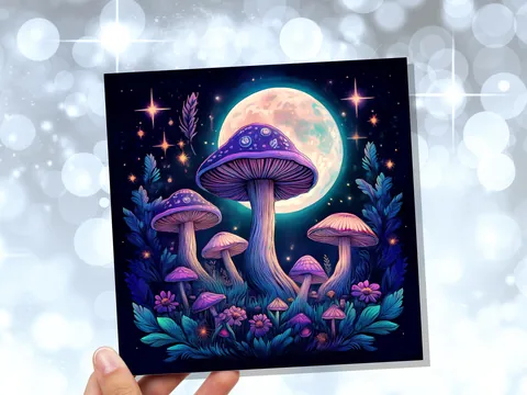 Whimsigoth Mushroom Card Psychedelic Purple Neon Moon with Mystical Fungi Art Fairycore Night Sky Scene Magical Moonlit Toadstools & Stars - View 5