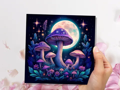 Whimsigoth Mushroom Card Psychedelic Purple Neon Moon with Mystical Fungi Art Fairycore Night Sky Scene Magical Moonlit Toadstools & Stars - View 8