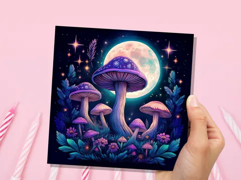 Whimsigoth Mushroom Card Psychedelic Purple Neon Moon with Mystical Fungi Art Fairycore Night Sky Scene Magical Moonlit Toadstools & Stars - View 7