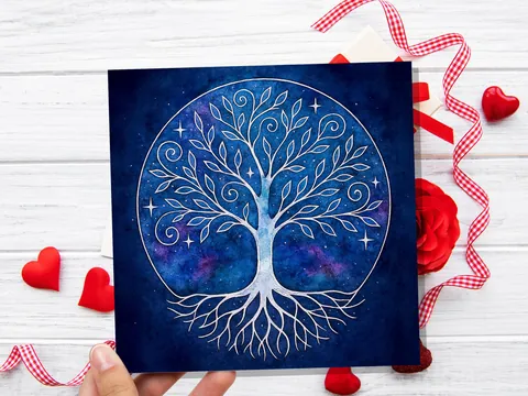 Celestial Tree of Life Card Sacred Design Blue Watercolour Galaxy Art Whimsical Branches Whimsigoth Witchcore Witchy Stationary Spiritual - View 5