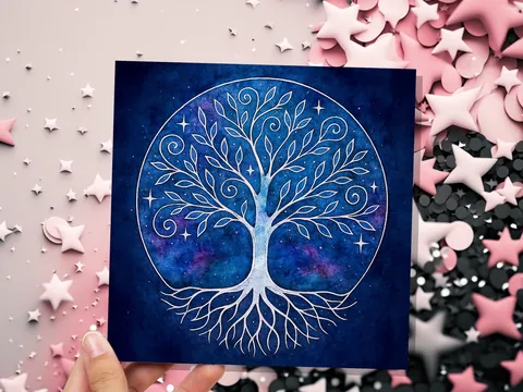 Celestial Tree of Life Card Sacred Design Blue Watercolour Galaxy Art Whimsical Branches Whimsigoth Witchcore Witchy Stationary Spiritual - View 6