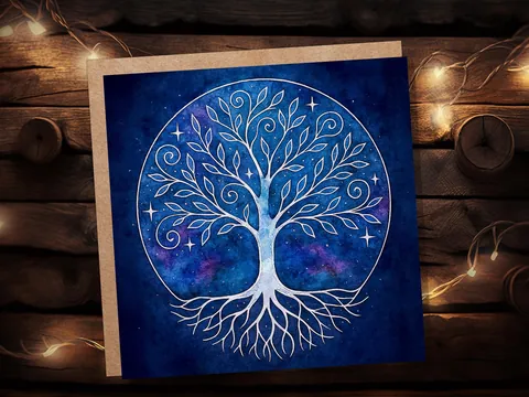 Celestial Tree of Life Card Sacred Design Blue Watercolour Galaxy Art Whimsical Branches Whimsigoth Witchcore Witchy Stationary Spiritual - View 4