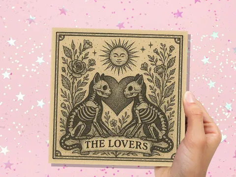 Lovers Tarot Skeleton Cat Card | Gothic Witchy Anniversary Valentine Gift | Dark Romance Art | Unique Macabre Love Illustration Witchcore - View 8