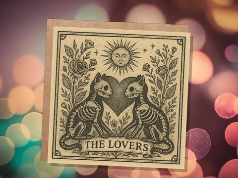 Lovers Tarot Skeleton Cat Card | Gothic Witchy Anniversary Valentine Gift | Dark Romance Art | Unique Macabre Love Illustration Witchcore - View 3