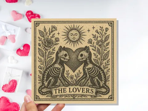 Lovers Tarot Skeleton Cat Card | Gothic Witchy Anniversary Valentine Gift | Dark Romance Art | Unique Macabre Love Illustration Witchcore - View 6