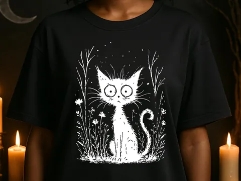 Catnip Madness Shirt, Funny Wide Eyed Black Cat Tee, Crazy Cat Lover Gift, Spooky Cute Frazzled Kitty Illustration, Unique Pet Owner Tee Art - View 4