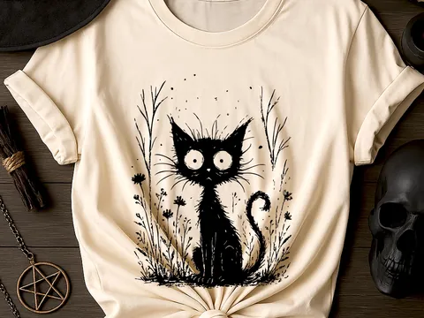 Catnip Madness Shirt, Funny Wide Eyed Black Cat Tee, Crazy Cat Lover Gift, Spooky Cute Frazzled Kitty Illustration, Unique Pet Owner Tee Art - View 6