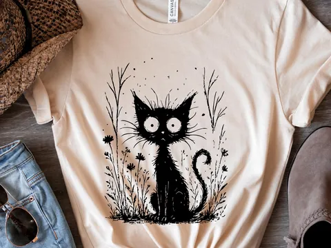 Catnip Madness Shirt, Funny Wide Eyed Black Cat Tee, Crazy Cat Lover Gift, Spooky Cute Frazzled Kitty Illustration, Unique Pet Owner Tee Art - View 2