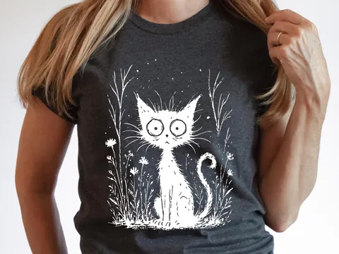 Catnip Madness Shirt, Funny Wide Eyed Black Cat Tee, Crazy Cat Lover Gift, Spooky Cute Frazzled Kitty Illustration, Unique Pet Owner Tee Art - View 3