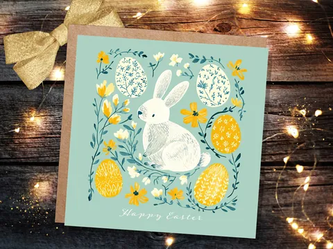 White Bunny and Easter Eggs Card