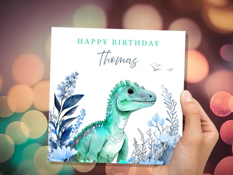 Personalised Dinosaur Birthday Card Custom Name Happy Birthday For Boys Unique Watercolour T-Rex Design Blue Flowers Eco Kids Son Grandson - View 7