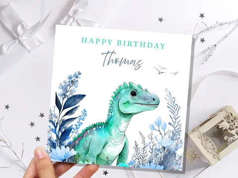 Personalised Dinosaur Birthday Card Custom Name Happy Birthday For Boys Unique Watercolour T-Rex Design Blue Flowers Eco Kids Son Grandson
