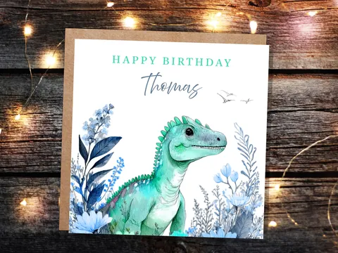 Personalised Dinosaur Birthday Card Custom Name Happy Birthday For Boys Unique Watercolour T-Rex Design Blue Flowers Eco Kids Son Grandson - View 2