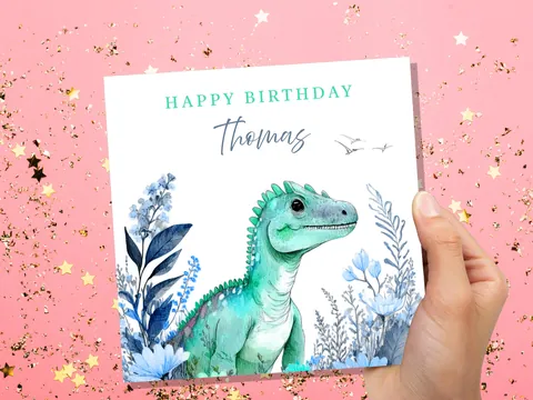 Personalised Dinosaur Birthday Card Custom Name Happy Birthday For Boys Unique Watercolour T-Rex Design Blue Flowers Eco Kids Son Grandson - View 9