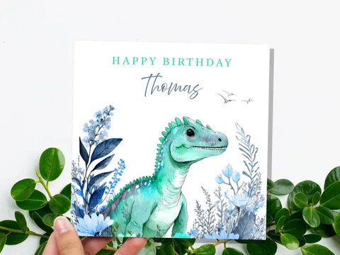 Personalised Dinosaur Birthday Card Custom Name Happy Birthday For Boys Unique Watercolour T-Rex Design Blue Flowers Eco Kids Son Grandson - View 5